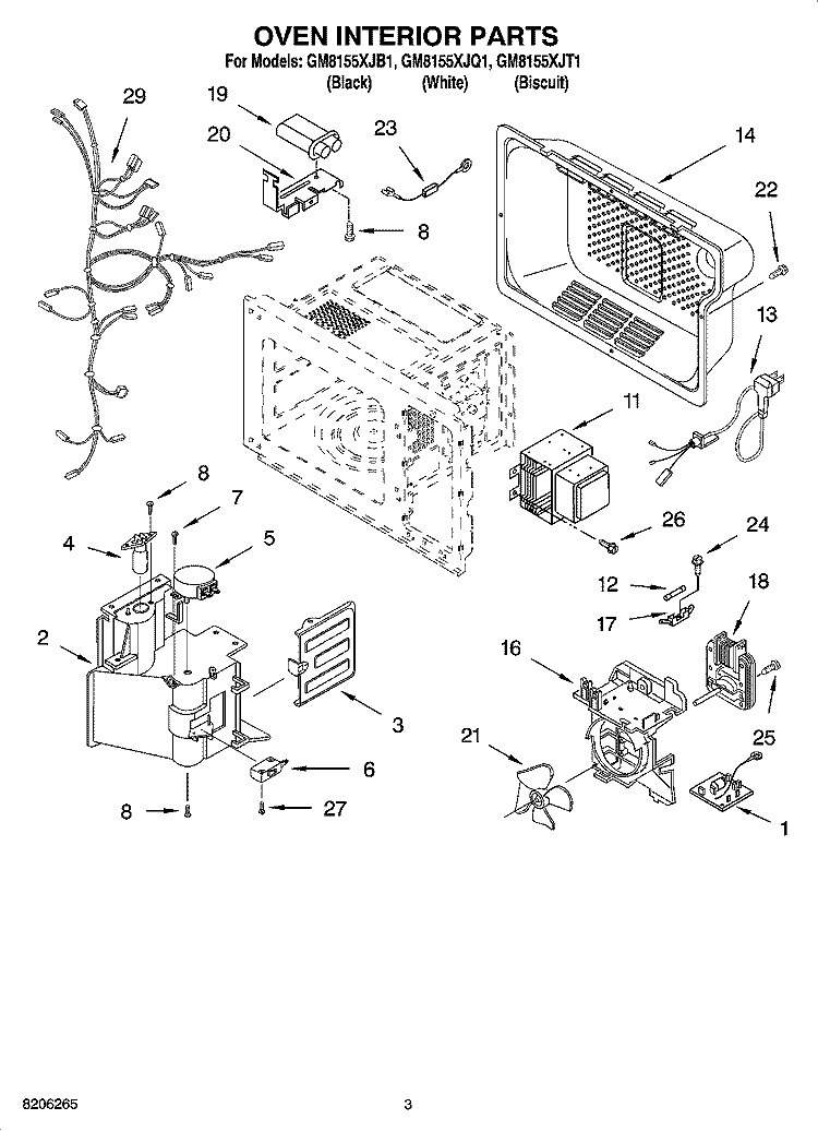 OVEN INTERIOR PARTS Diagram and Parts List for GM8155XJB1  Whirlpool Microwave