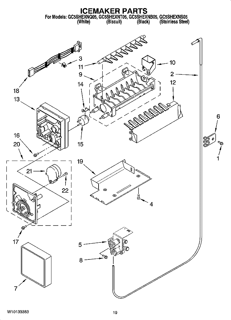 ICEMAKER PARTS, OPTIONAL PARTS Diagram and Parts List for GC5SHEXNQ05  Whirlpool Refrigerator