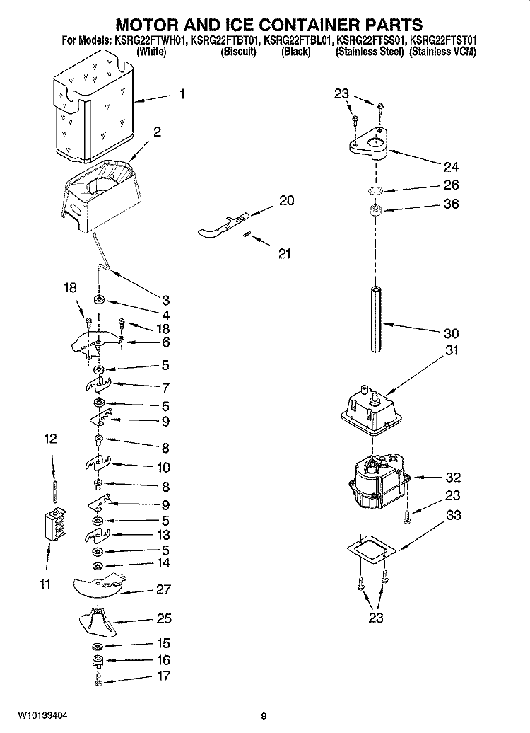 MOTOR AND ICE CONTAINER PARTS Diagram and Parts List for KSRG22FTBL01  KitchenAid Refrigerator