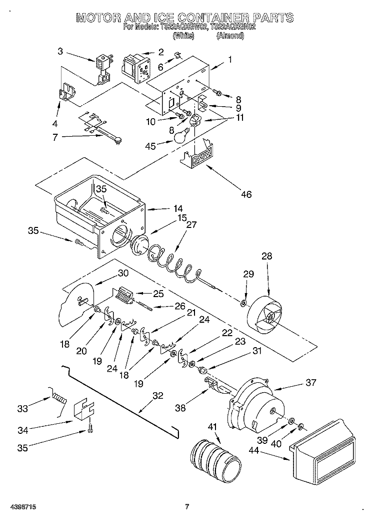 MOTOR AND ICE CONTAINER Diagram and Parts List for TS22AQXGW02  Whirlpool Refrigerator