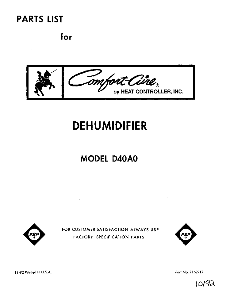SECTION Diagram and Parts List for D40A0  Whirlpool Dehumidifier