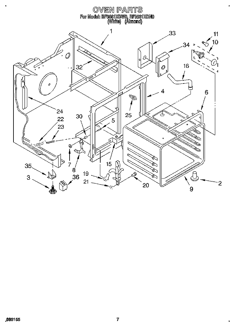 OVEN Diagram and Parts List for RF3661XDW0  Whirlpool Range