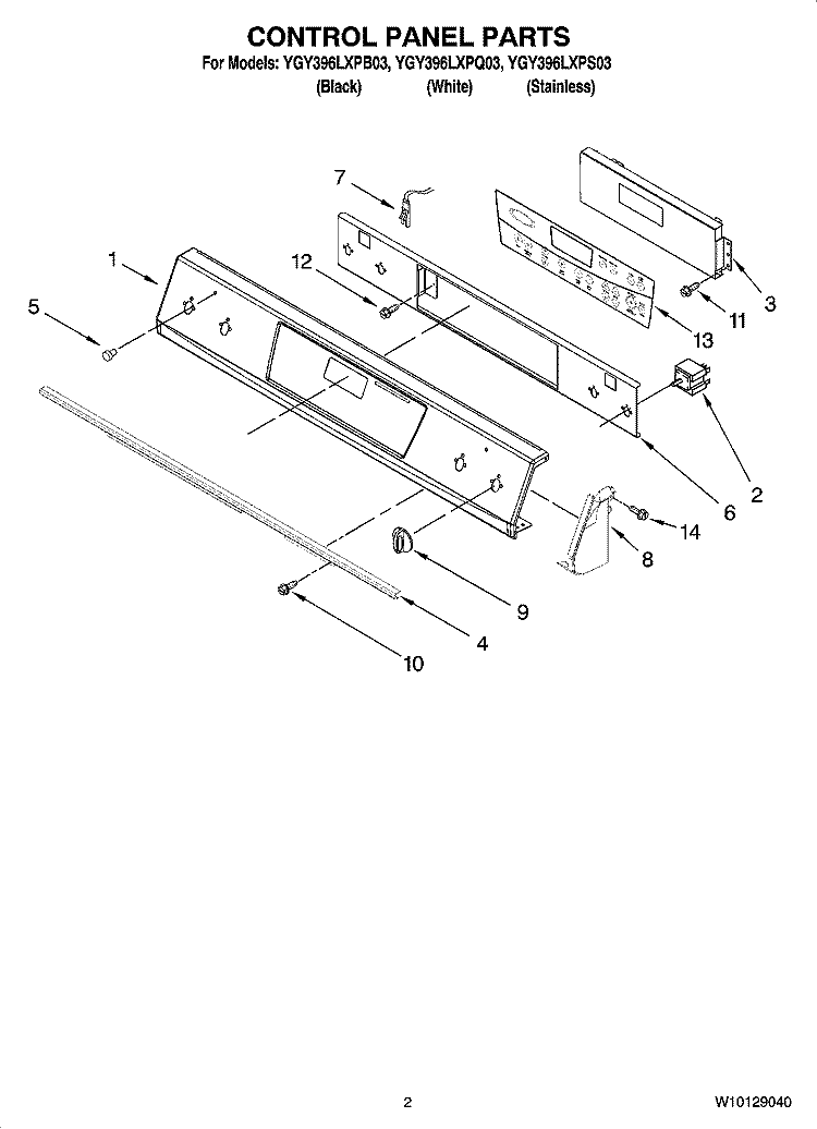 CONTROL PANEL PARTS Diagram and Parts List for YGY396LXPB03  Whirlpool Range