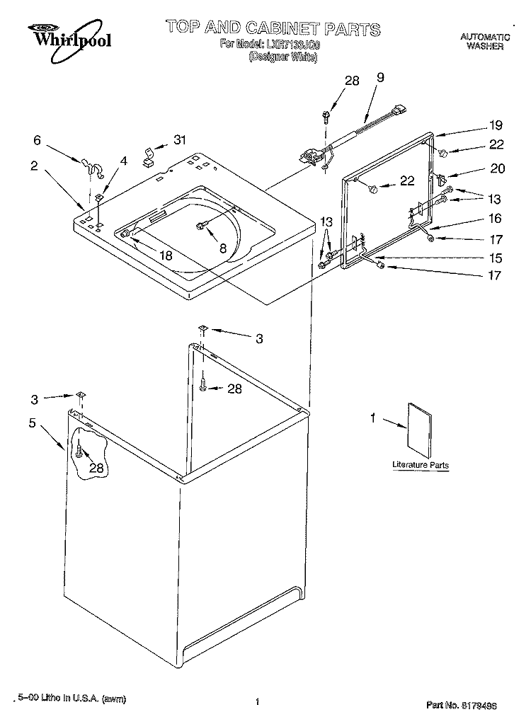 TOP AND CABINET, LITERATURE Diagram and Parts List for LXR7133JQ0  Whirlpool Washer