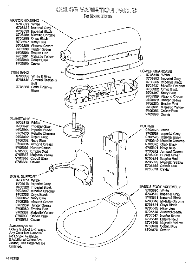 COLOR VARIATION Diagram and Parts List for KT2651  KitchenAid Mixer
