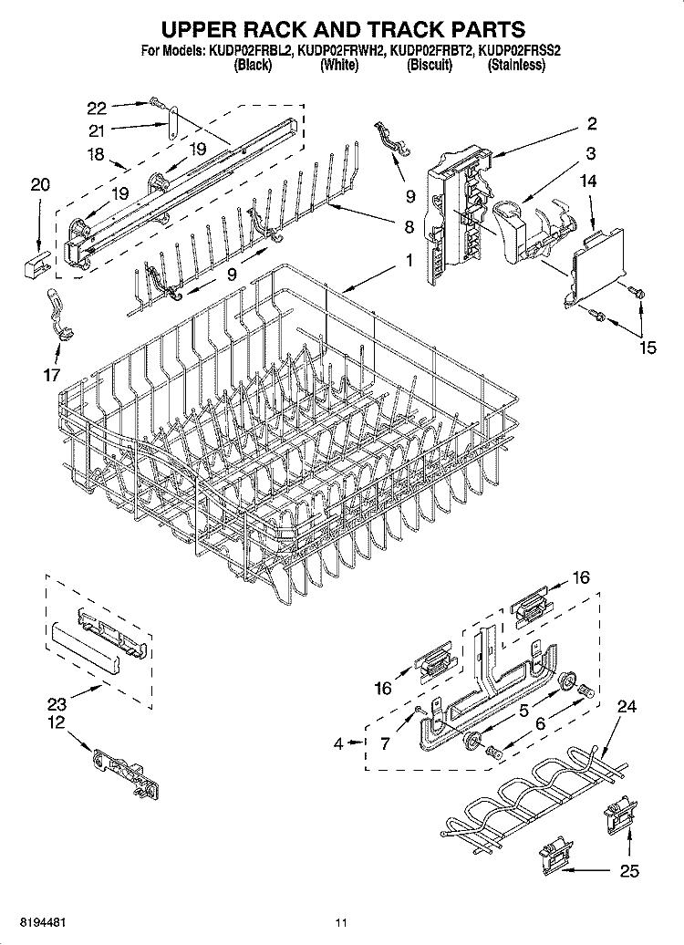 UPPER RACK AND TRACK PARTS Diagram and Parts List for KUDP02FRBT2  KitchenAid Dishwasher