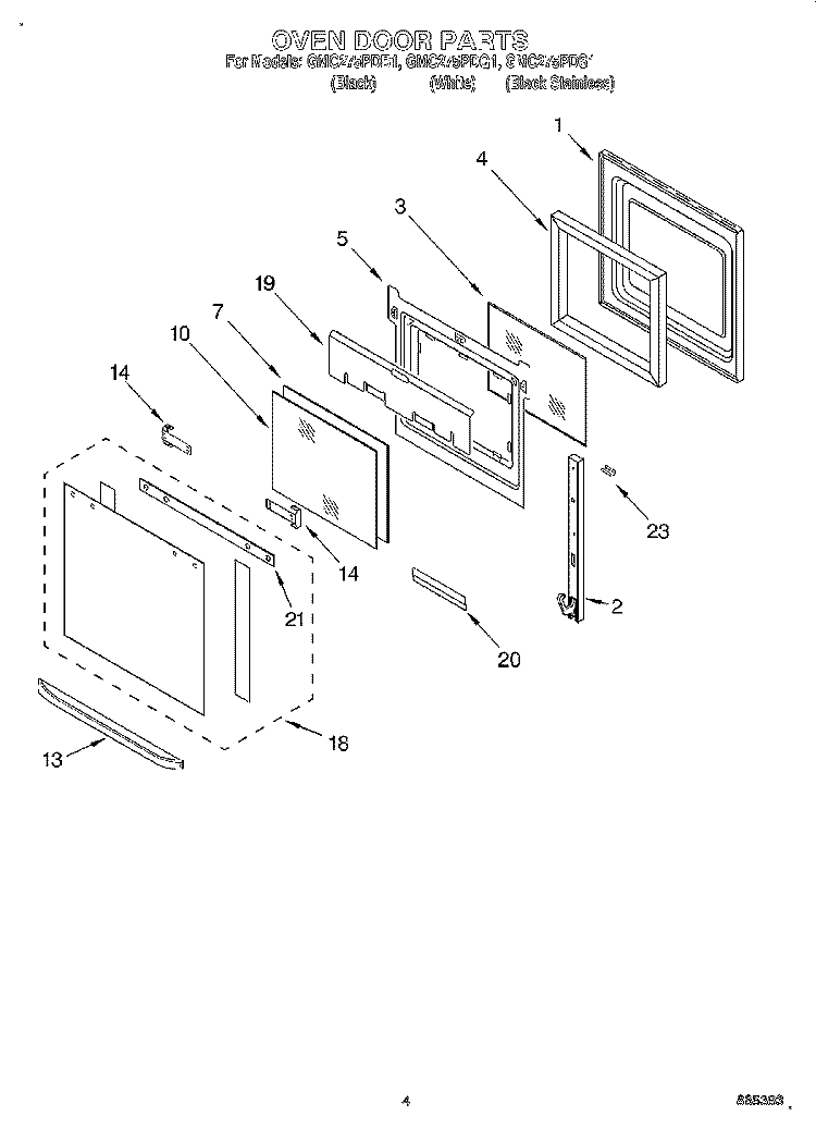 OVEN DOOR Diagram and Parts List for GMC275PDQ1  Whirlpool Microwave Oven Combo