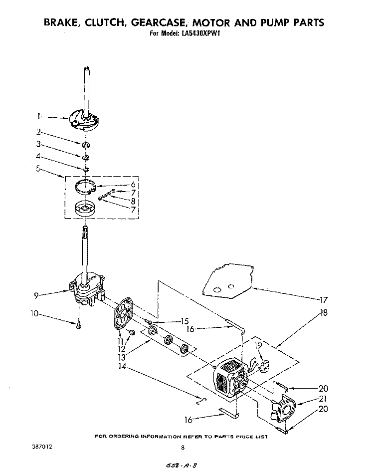 BRAKE, CLUTCH, GEARCASE, MOTOR AND PUMP Diagram and Parts List for LA5430XPW1  Whirlpool Washer