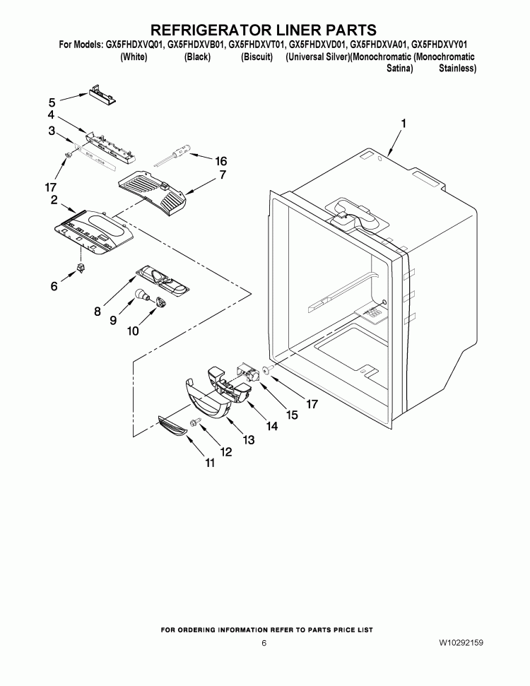 REFRIGERATOR LINER PARTS Diagram and Parts List for GX5FHDXVA01  Whirlpool Refrigerator
