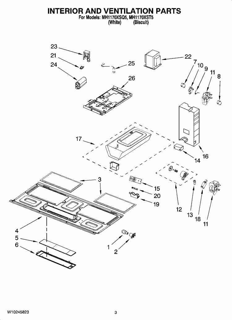 INTERIOR AND VENTILATION PARTS Diagram and Parts List for MH1170XST5  Whirlpool Microwave