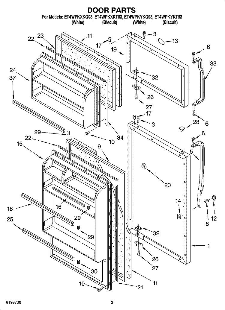 DOOR PARTS Diagram and Parts List for ET4WPKYKT03  Whirlpool Refrigerator