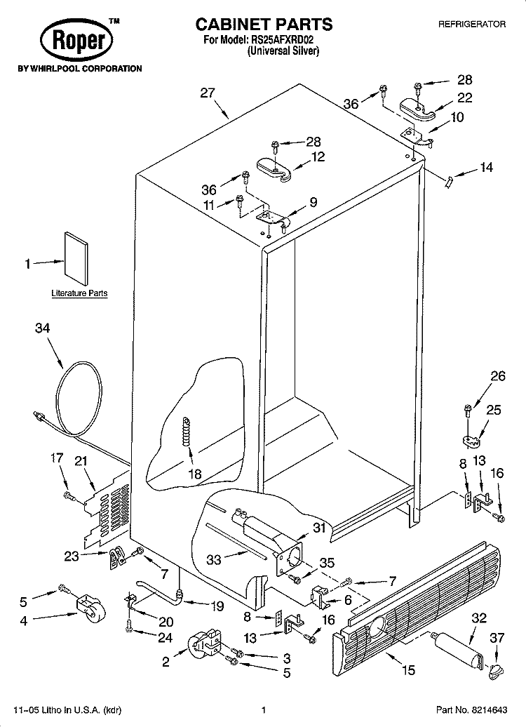 CABINET PARTS Diagram and Parts List for RS25AFXRD02  Roper Refrigerator
