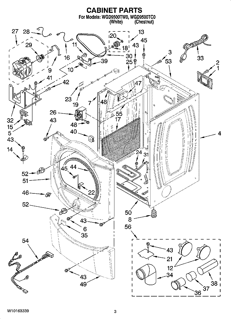 CABINET PARTS Diagram and Parts List for WGD9500TC0  Whirlpool Dryer