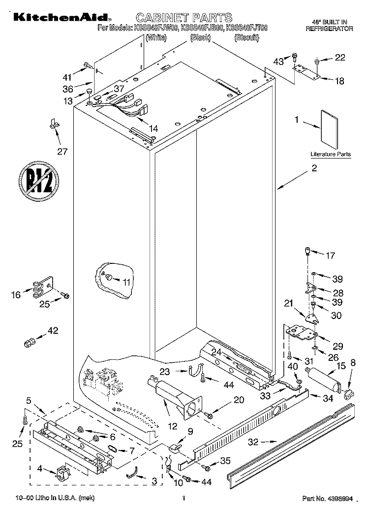 CABINET, LITERATURE Diagram and Parts List for KSSS48FJT00  KitchenAid Refrigerator