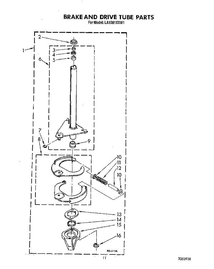 BRAKE AND DRIVE TUBE Diagram and Parts List for LA5381XXM1  Whirlpool Washer