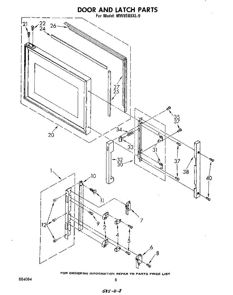 DOOR AND LATCH Diagram and Parts List for MW8580XL9  Whirlpool Microwave