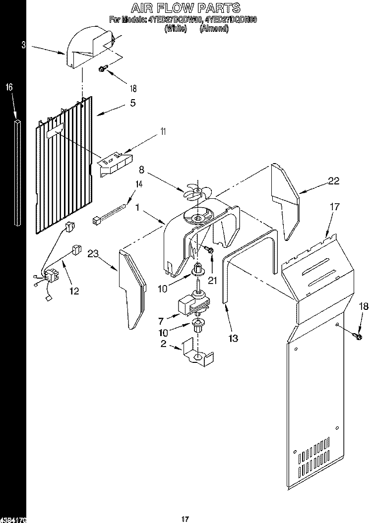 AIR FLOW Diagram and Parts List for 4YED27DQDW00  Whirlpool Refrigerator
