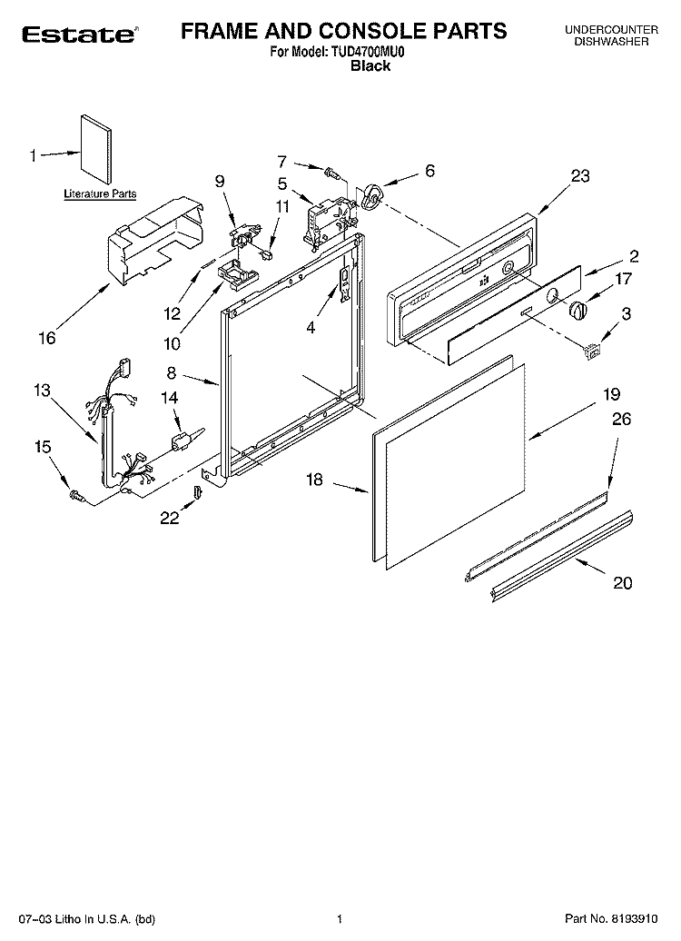 FRAME AND CONSOLE PARTS Diagram and Parts List for TUD4700MU0  Estate Dishwasher