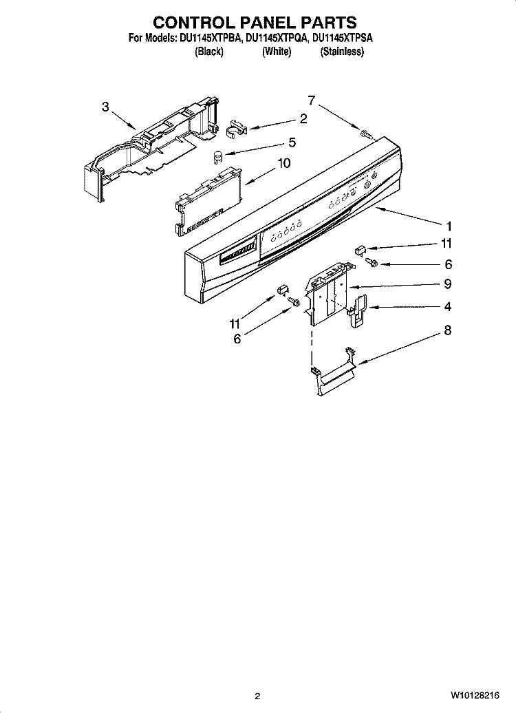 CONTROL PANEL PARTS Diagram and Parts List for DU1145XTPBA  Whirlpool Dishwasher