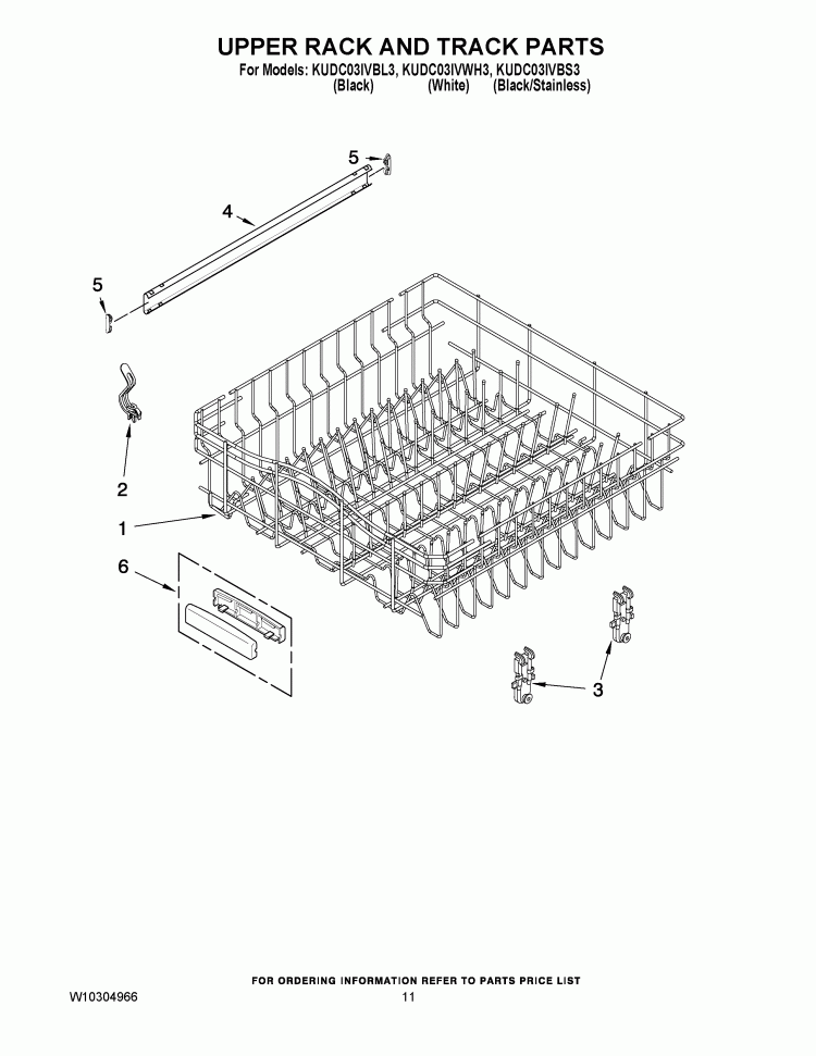UPPER RACK AND TRACK PARTS Diagram and Parts List for KUDC03IVBL3  KitchenAid Dishwasher