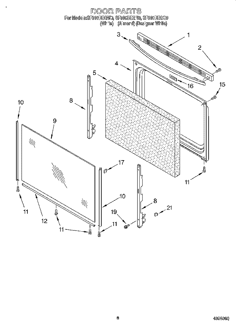 DOOR, LIT/OPTIONAL Diagram and Parts List for SF310BEGW0  Whirlpool Range