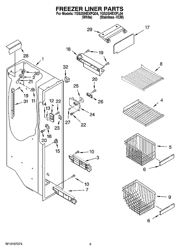 FREEZER LINER PARTS Diagram and Parts List for 7GS2SHEXPQ04  Whirlpool Refrigerator
