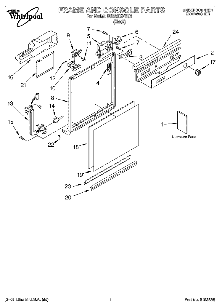 FRAME AND CONSOLE, LITERATURE Diagram and Parts List for DU890DWGU2  Whirlpool Dishwasher