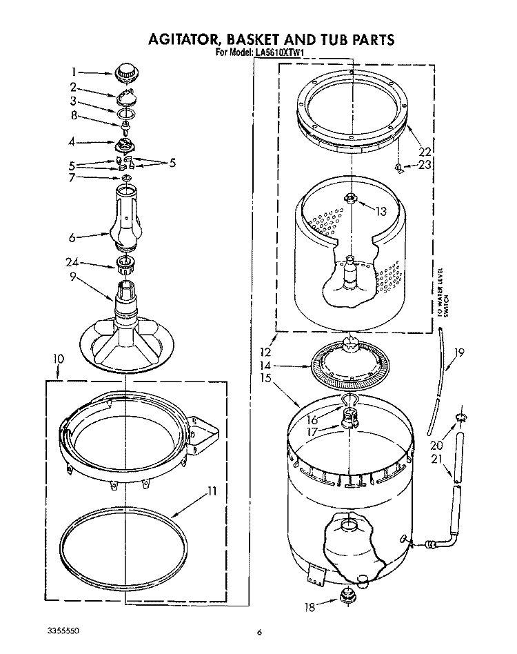 AGITATOR, BASKET AND TUB Diagram and Parts List for LA5610XTW1  Whirlpool Washer