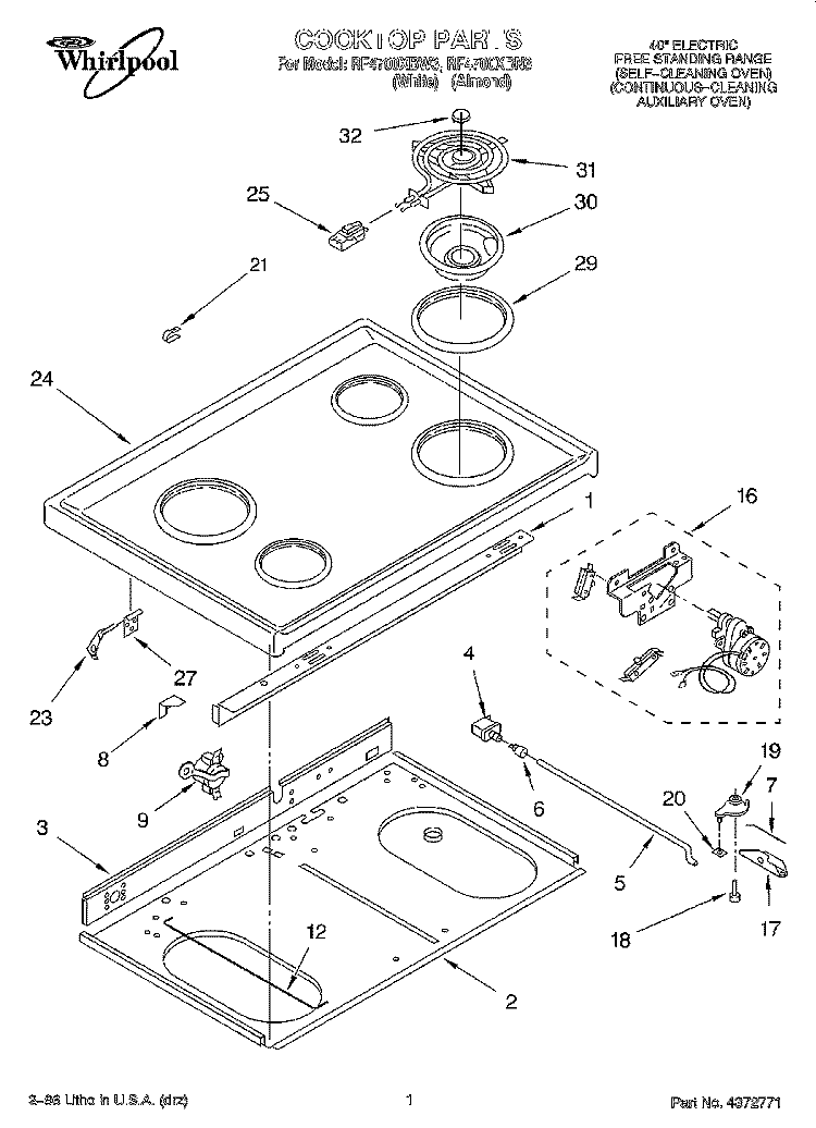 COOKTOP Diagram and Parts List for RF4700XBN3  Whirlpool Range