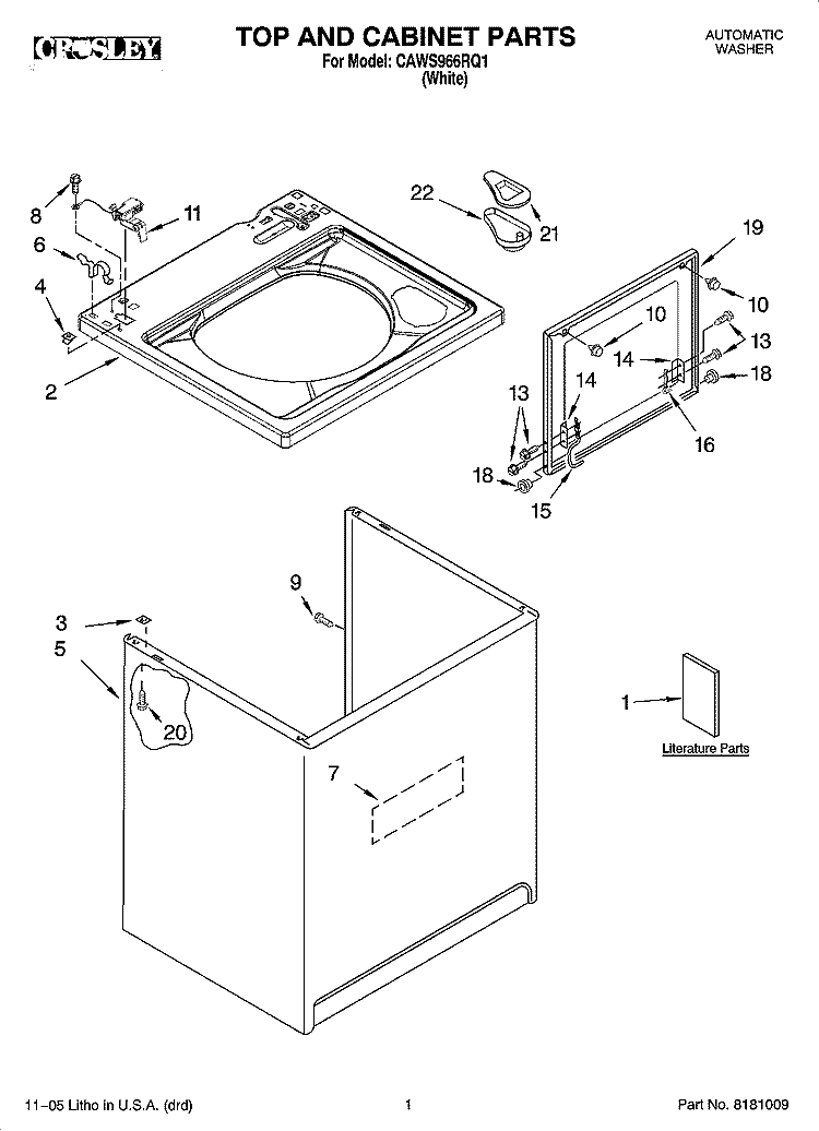 TOP AND CABINET PARTS Diagram and Parts List for CAWS966RQ1  Crosley Washer