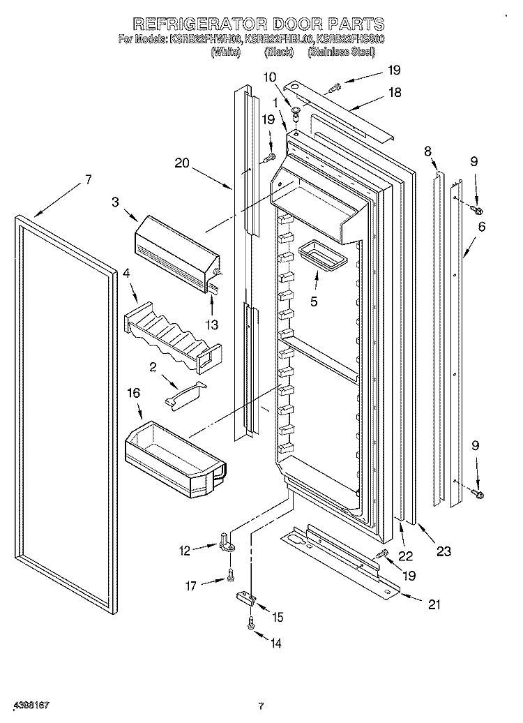 REFRIGERATOR DOOR Diagram and Parts List for KSRB22FHBL00  KitchenAid Refrigerator