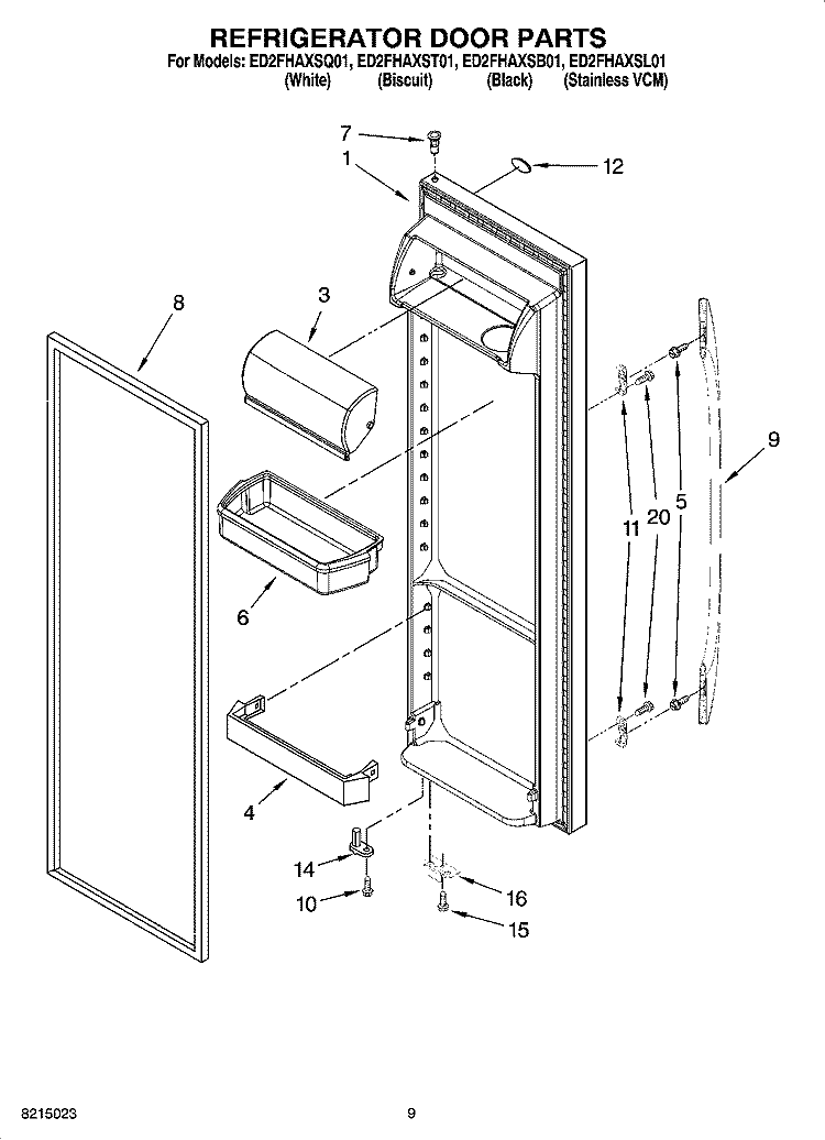 REFRIGERATOR DOOR PARTS Diagram and Parts List for ED2FHAXSL01  Whirlpool Refrigerator
