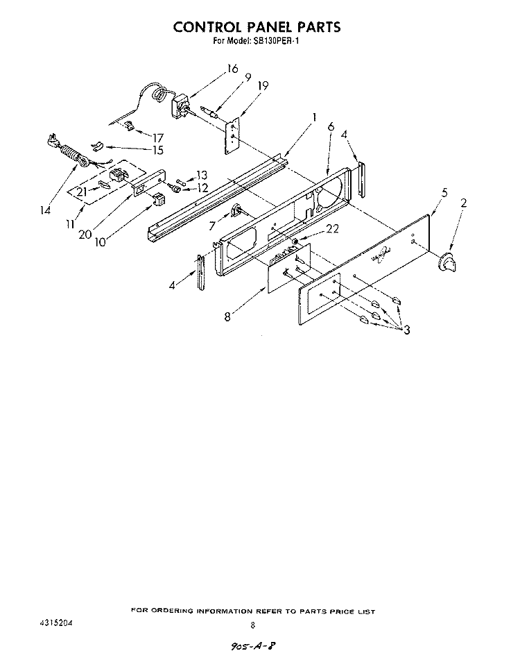 CONTROL PANEL Diagram and Parts List for SB130PER1  Whirlpool Range