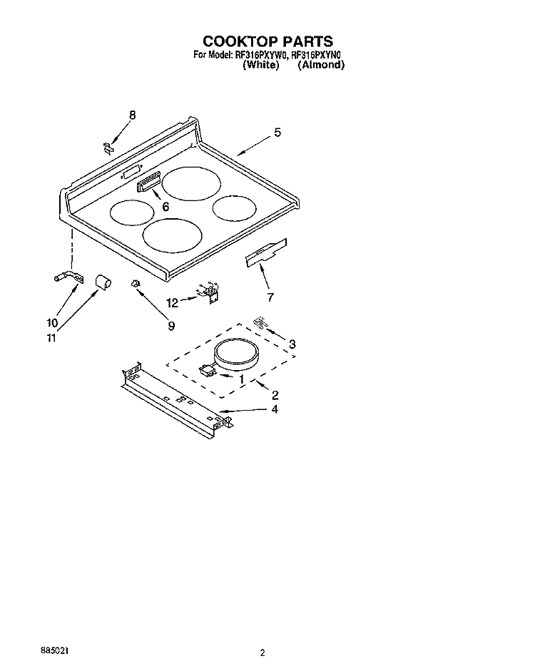 COOKTOP, LIT/OPTIONAL Diagram and Parts List for RF316PXYW0  Whirlpool Range