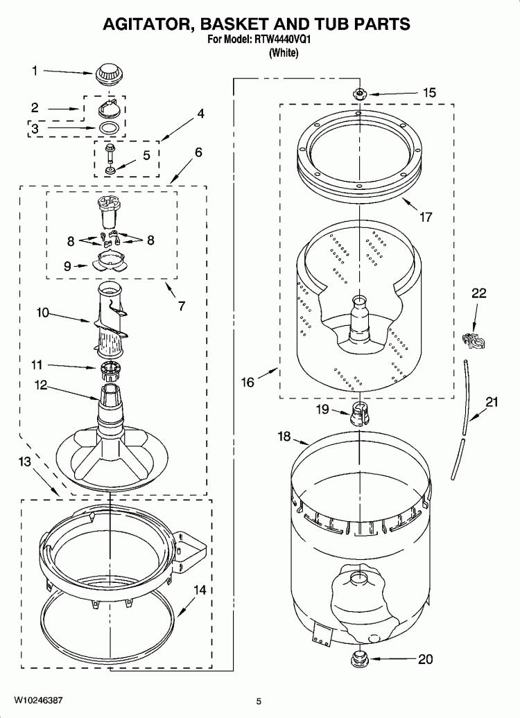 AGITATOR, BASKET AND TUB PARTS Diagram and Parts List for RTW4440VQ1  Roper Washer