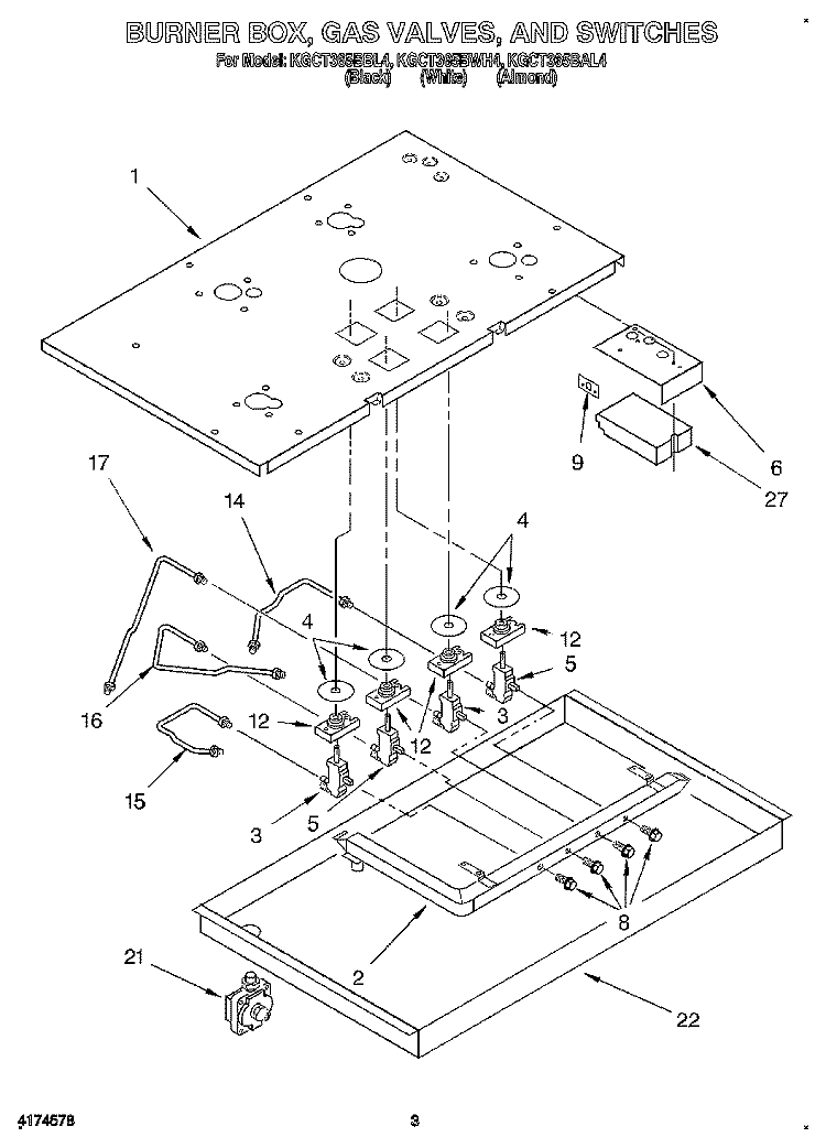 BURNER BOX, GAS VALVES, AND SWITCHES Diagram and Parts List for KGCT365BAL4  KitchenAid Cooktop