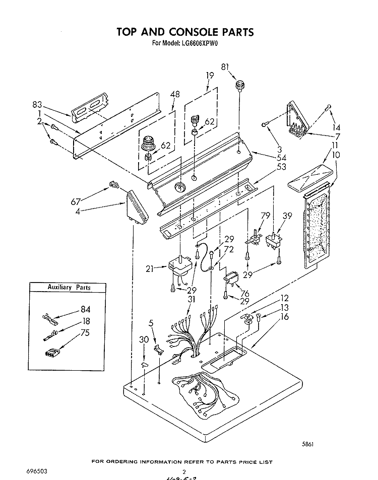 TOP AND CONSOLE , LITERATURE AND OPTIONAL Diagram and Parts List for LG6606XPW0  Whirlpool Dryer