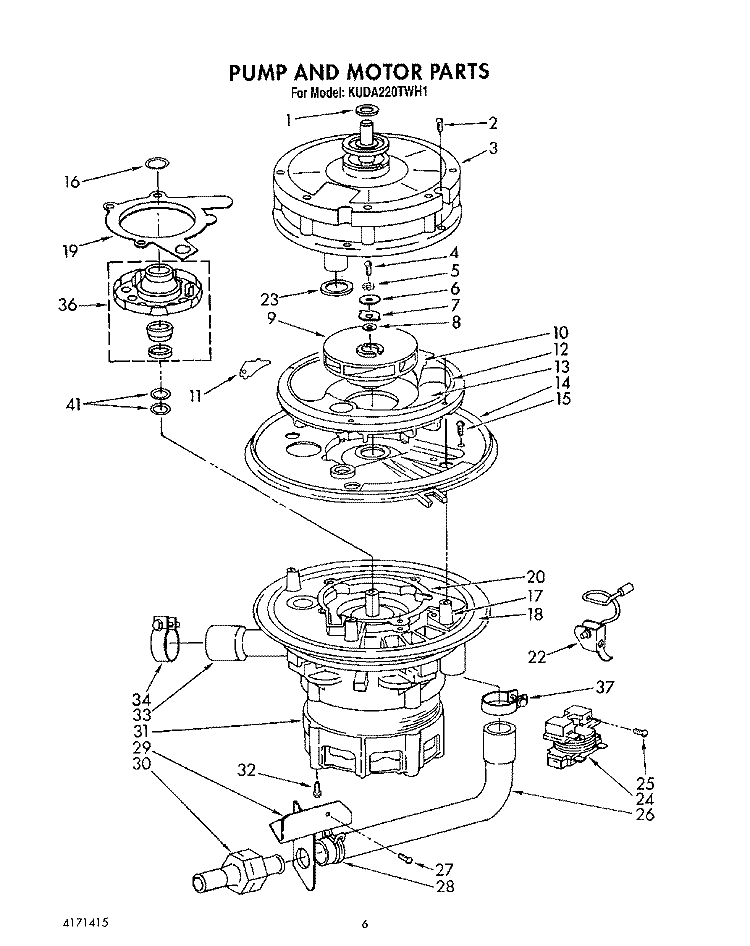 PUMP AND MOTOR Diagram and Parts List for KUDA220TWH1  KitchenAid Dishwasher