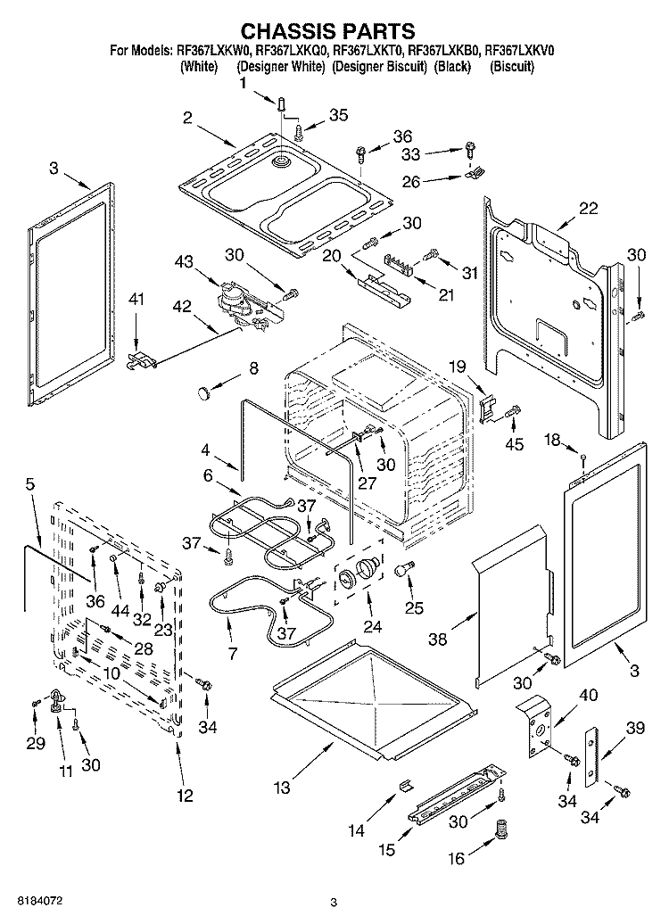 CHASSIS Diagram and Parts List for RF367LXKB0  Whirlpool Range