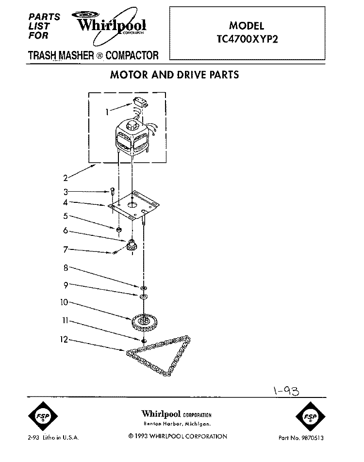 MOTOR AND DRIVE, LIT/OPTIONAL Diagram and Parts List for TC4700XYP2  Whirlpool Trash Compactor