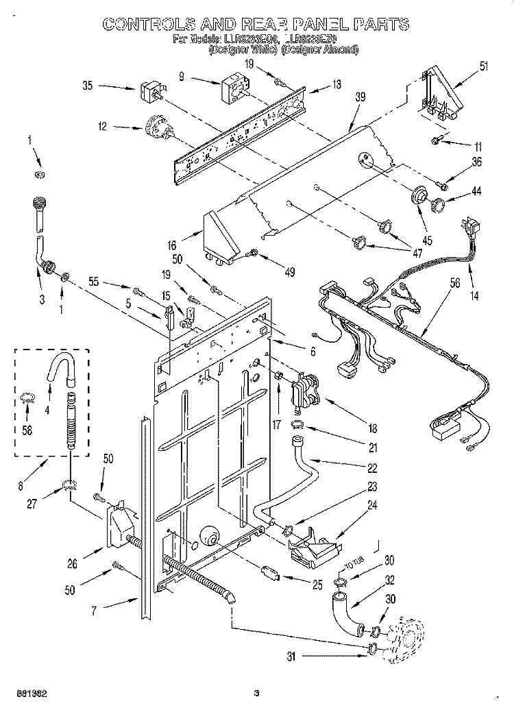 CONTROLS AND REAR PANEL Diagram and Parts List for LLR8233EZ0  Whirlpool Washer