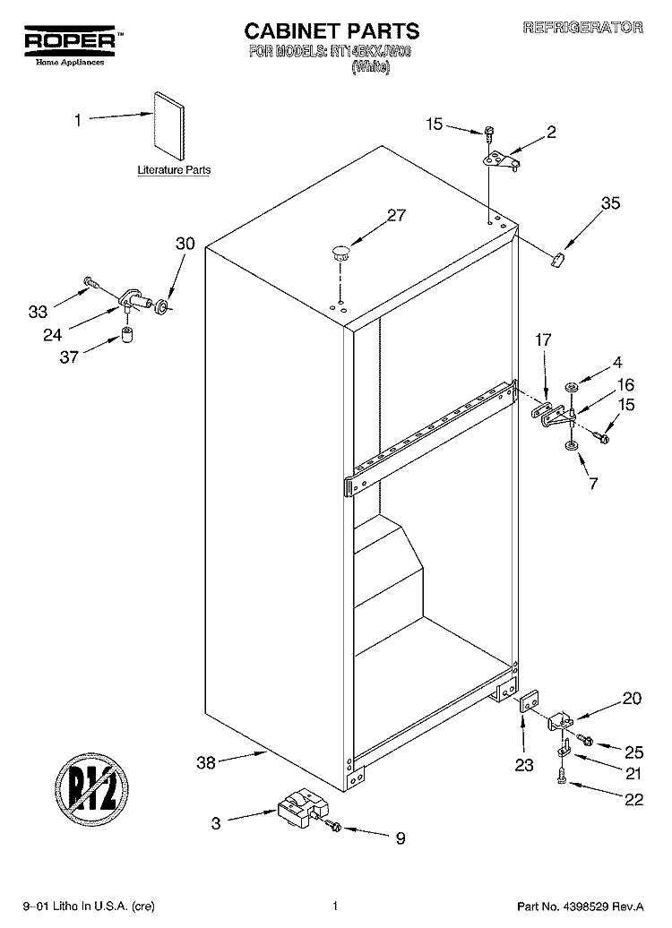 CABINET, LITERATURE Diagram and Parts List for RT14BKXJW00  Roper Refrigerator