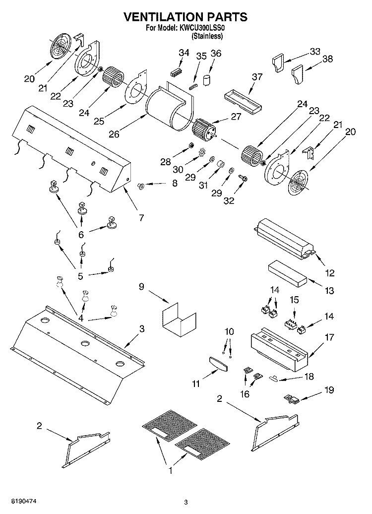 VENTILATION PARTS Diagram and Parts List for KWCU300LSS0  KitchenAid Range Hood