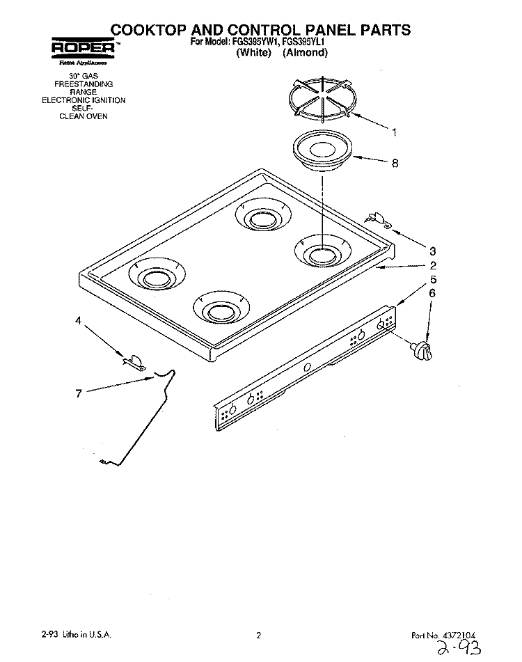 COOKTOP AND CONTROL PANEL Diagram and Parts List for FGS395YW1  Roper Range