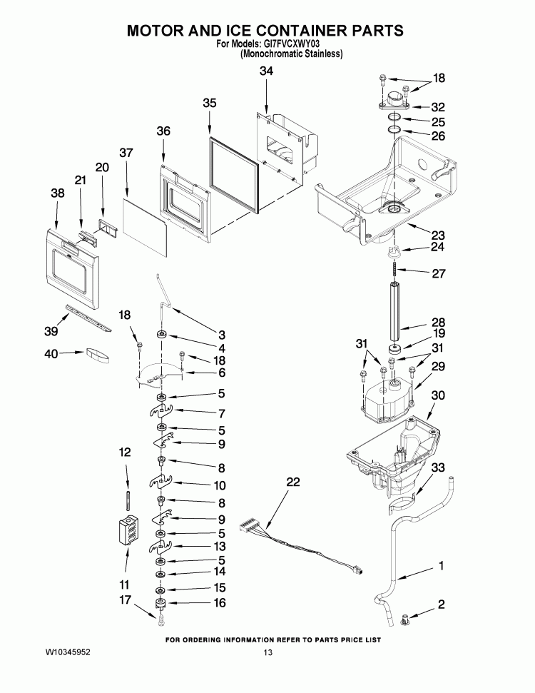 MOTOR AND ICE CONTAINER PARTS Diagram and Parts List for GI7FVCXWY03  Whirlpool Refrigerator