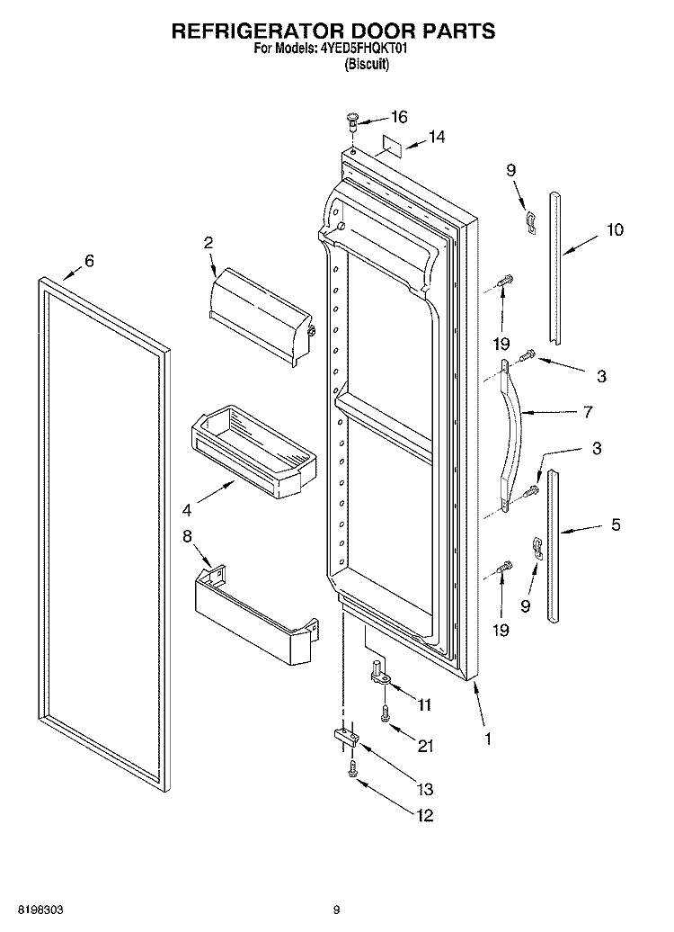 REFRIGERATOR DOOR PARTS Diagram and Parts List for 4YED5FHQKT01  Whirlpool Refrigerator