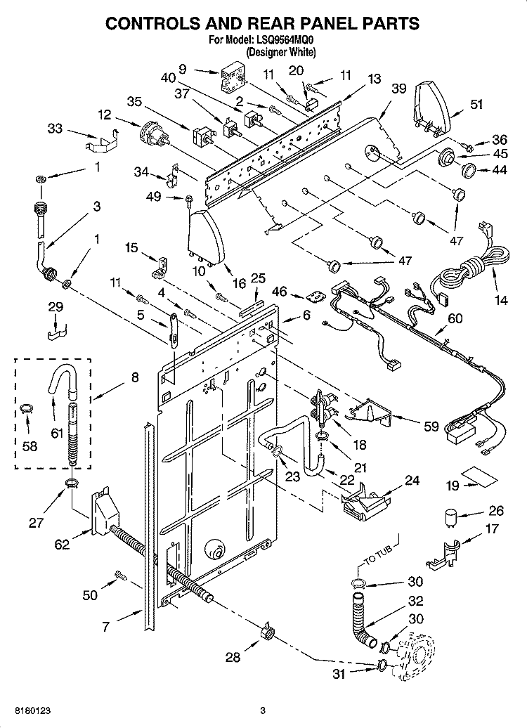 CONTROLS AND REAR PANEL PARTS Diagram and Parts List for LSQ9564MQ0  Whirlpool Washer