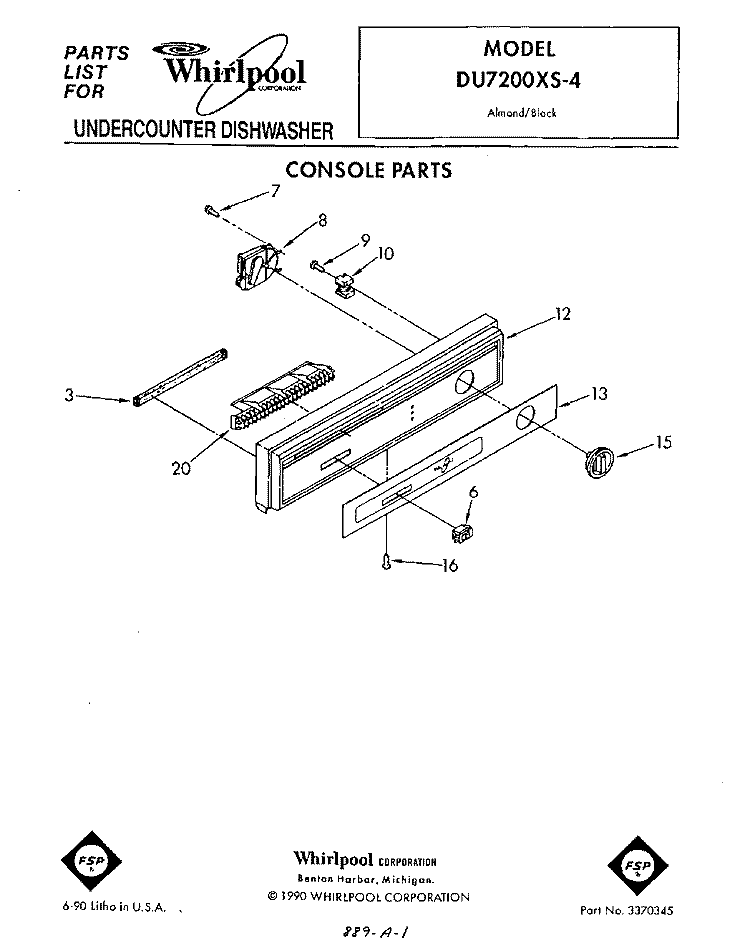 CONSOLE Diagram and Parts List for DU7200XS4  Whirlpool Dishwasher