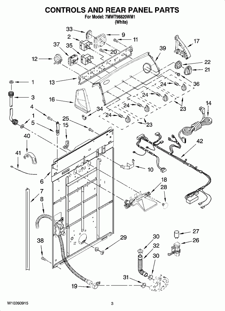 CONTROLS AND REAR PANEL PARTS Diagram and Parts List for 7MWT98820WM1  Whirlpool Washer