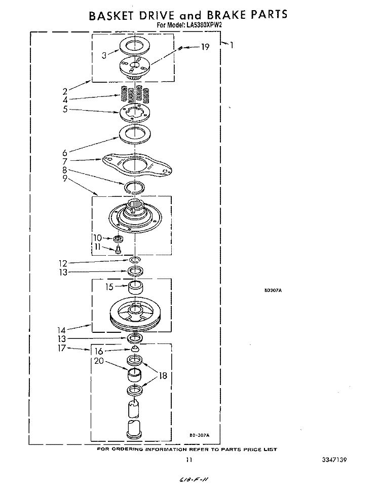 BASKET DRIVE AND BRAKE Diagram and Parts List for LA5380XPW2  Whirlpool Washer